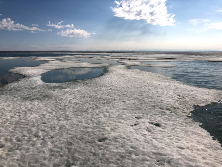 This images shows Kaktovik Lagoon during sea ice break up. Kaktovik Lagoon is one of a series of coastal lagoons that fringe the Arctic National Wildlife Refuge and borders the east side of Barter Island. Photo: BLE LTER